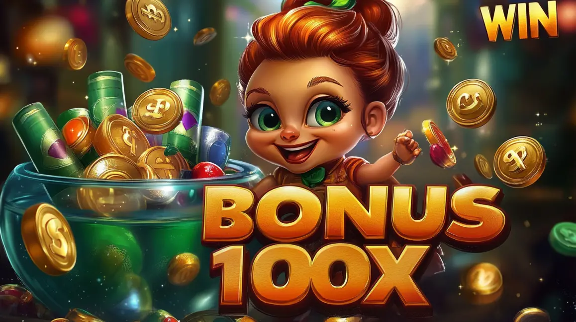 Claim Your Bonus and Win Big at PKPLAY! A happy woman with curly black hair holds cash, with a large 'BONUS' sign, as casino chips, cards, and money are flying around, celebrating a win at PKPLAY.