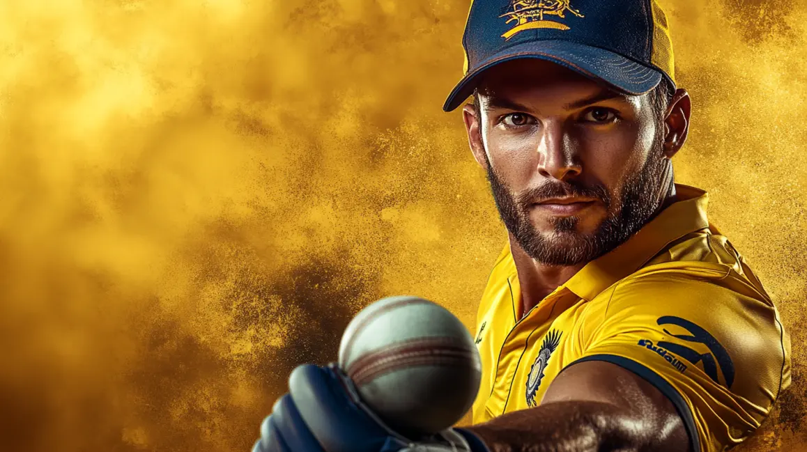 Bet on International Cricket at PKPLAY. A handsome cricket player in a tropical setting represents the international cricket matches from around the world that you can bet on with the PKPLAY sports app.