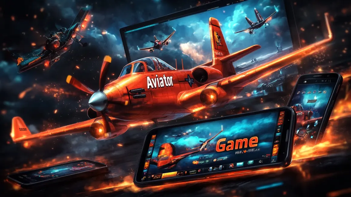 A woman in a pink dress holds a phone showing the 'Aviator Game', with a 777 slot machine nearby, blending classic casino fun with modern crash game excitement at PKPLAY.