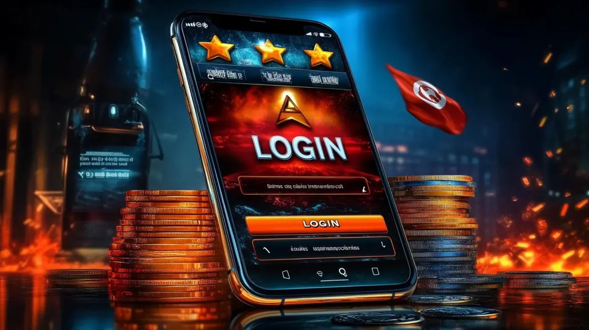 A stylish woman with blue hair and sunglasses holds a phone with a 'LOGIN' button, inviting you to sign in to your PKPLAY account for a fun and rewarding tropical gaming session.