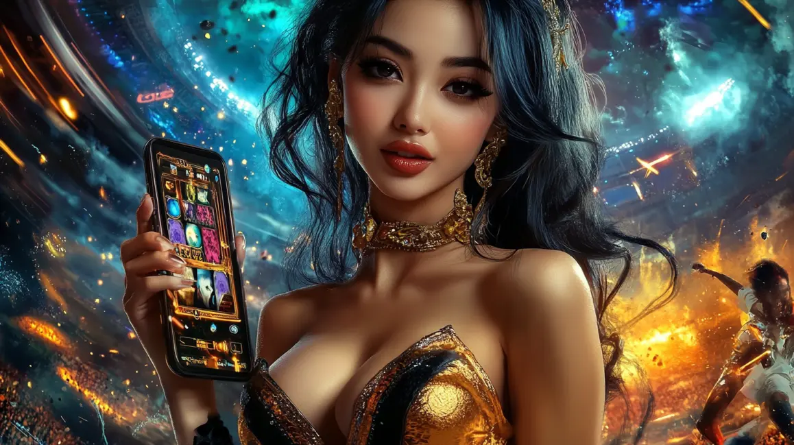 An animated woman is framed by a phone screen showing a 'LOGIN CASINO' sign, inviting you to sign in to the fun and vibrant world of PKPLAY online casino games.