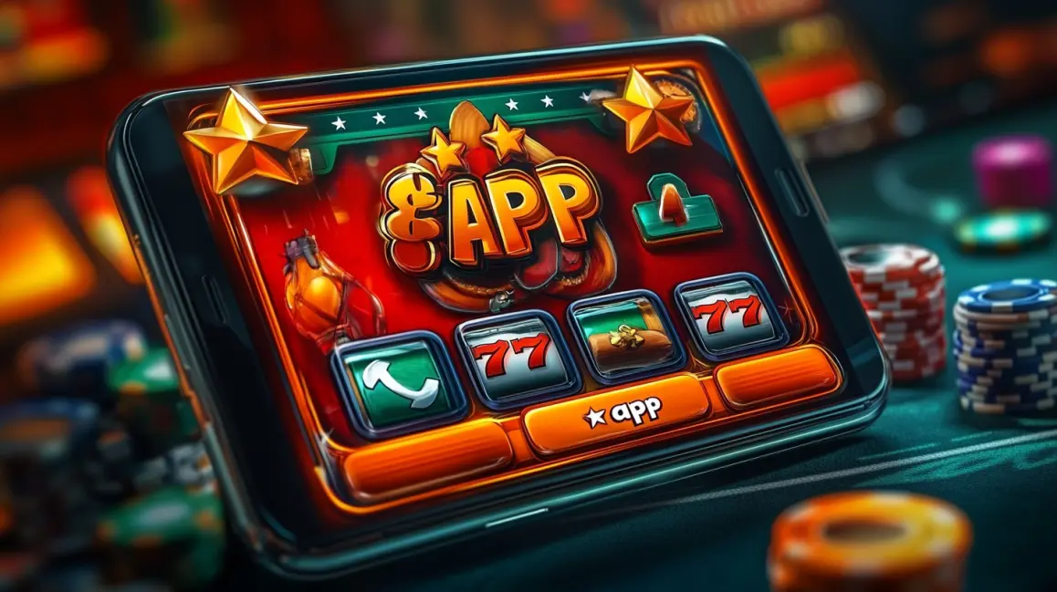 A stylish woman holds a phone with a fun slot game, with the word 'APP' in large letters, inviting you to download the PKPLAY app for a vibrant gaming experience.